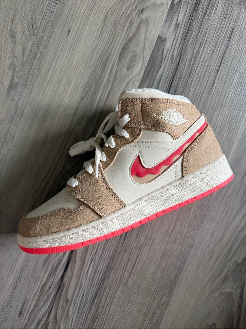 Air Jordan 1 Kids Mid-Top Sneakers in Tan and Pink 5.5Y